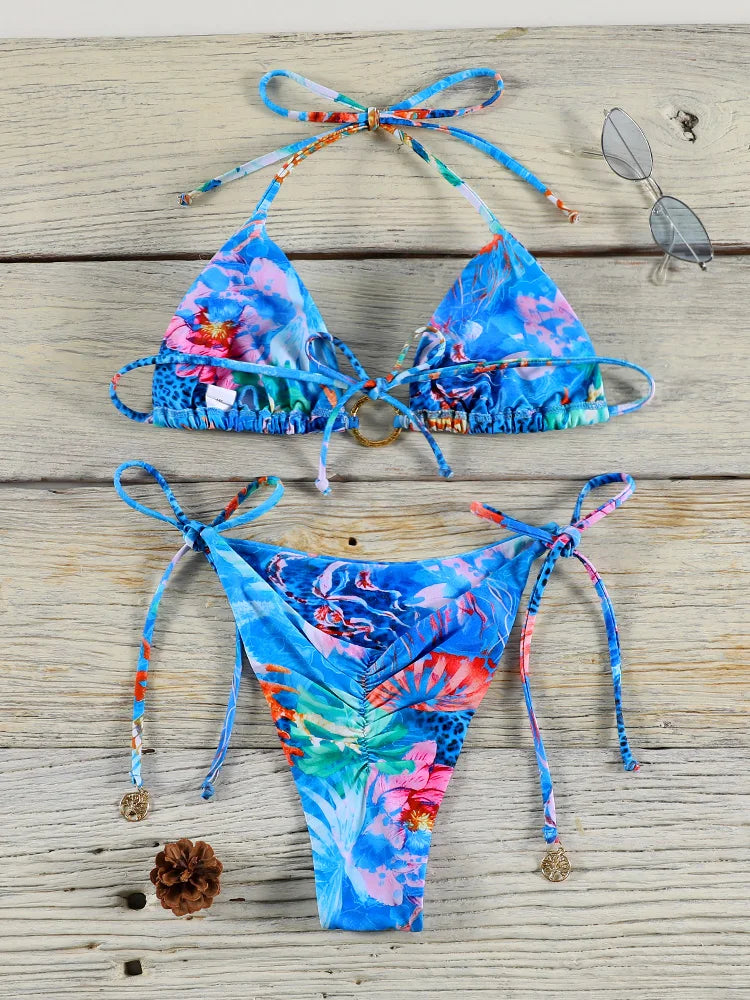 Bikini string ficelle push-up bleu multicolore Arbre de Vie