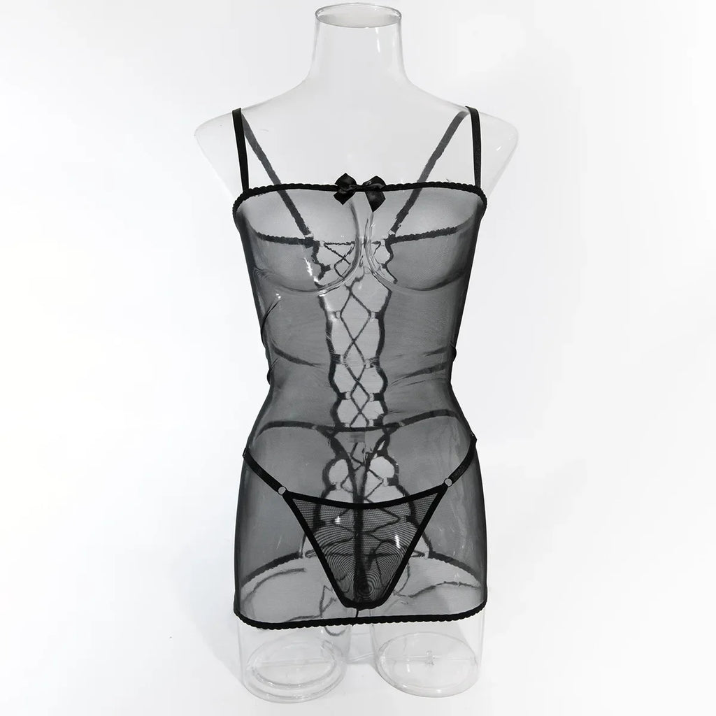Lingerie sexy robe transparente dos lacé avec string Voile de nuit