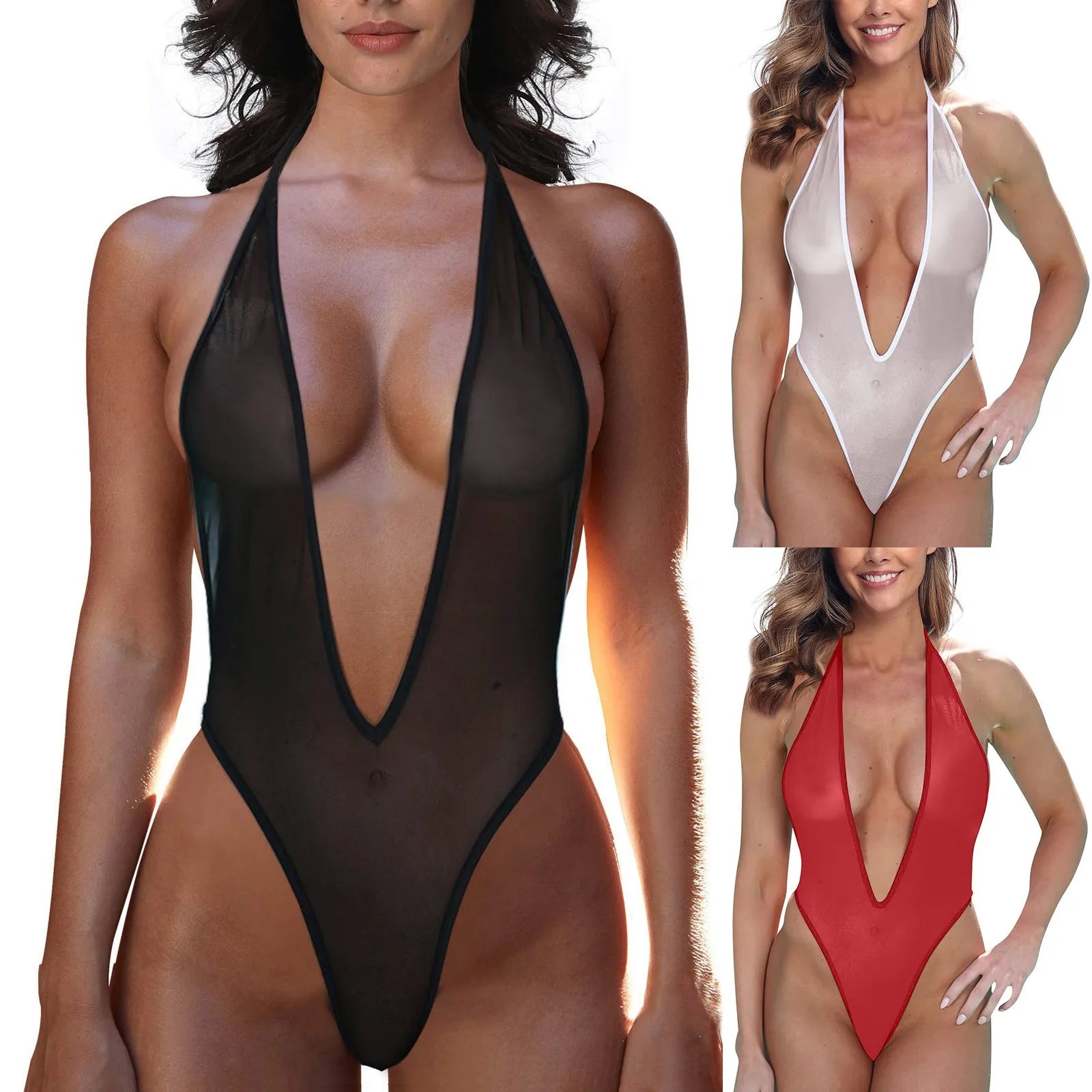 Body string transparent noir blanc rouge forme V dos nu L'échange