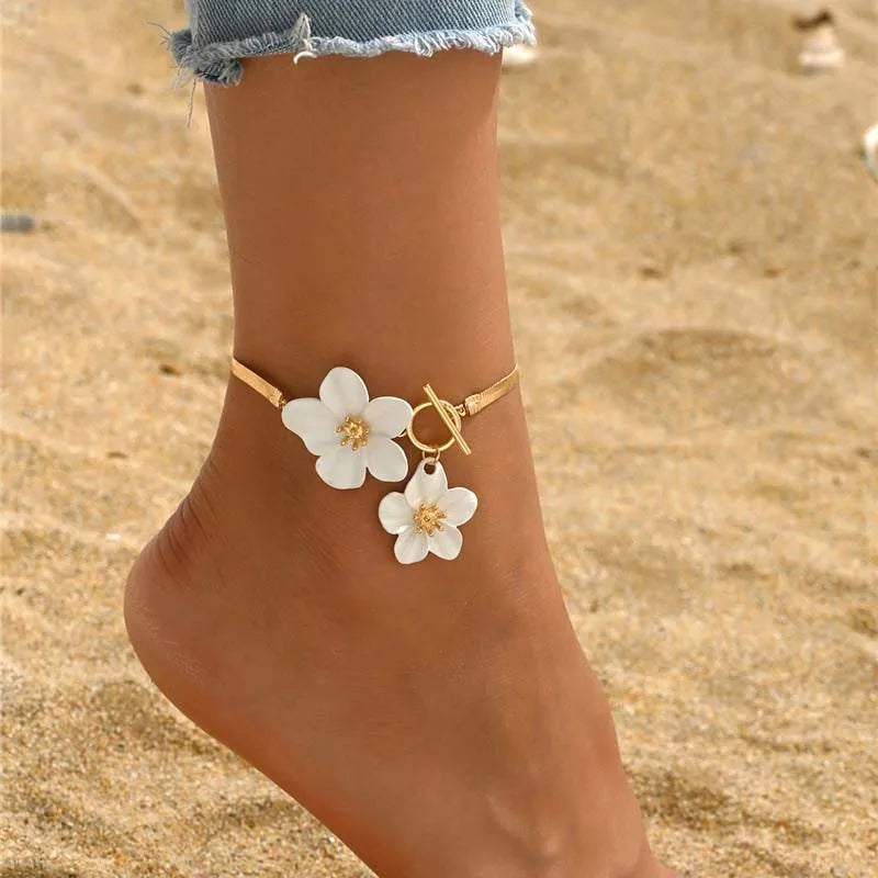 Bracelet bijou de cheville doré à fleurs Flora