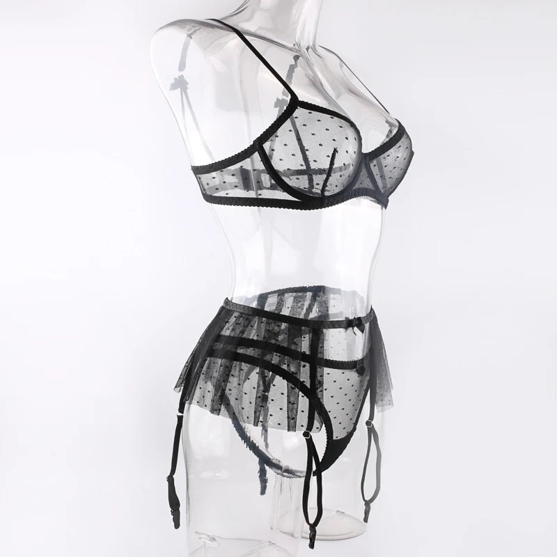Ensemble de lingerie transparent à pois blanc ou noir trois pièces Sculpture