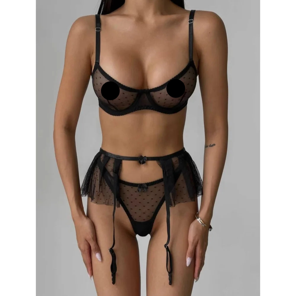 Ensemble de lingerie transparent à pois blanc ou noir trois pièces Sculpture