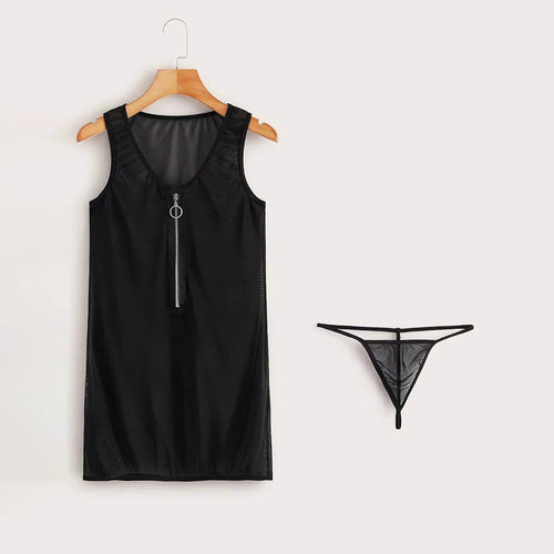 Petite robe courte noire transparente à col tirette et string ficelle Mi amor