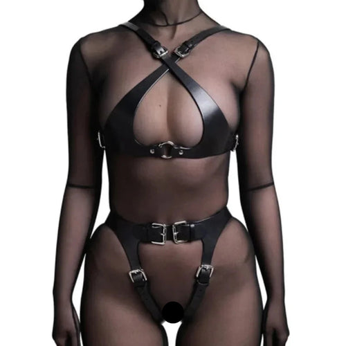 Ensemble lingerie cuir minimaliste sexy à boucles La tension