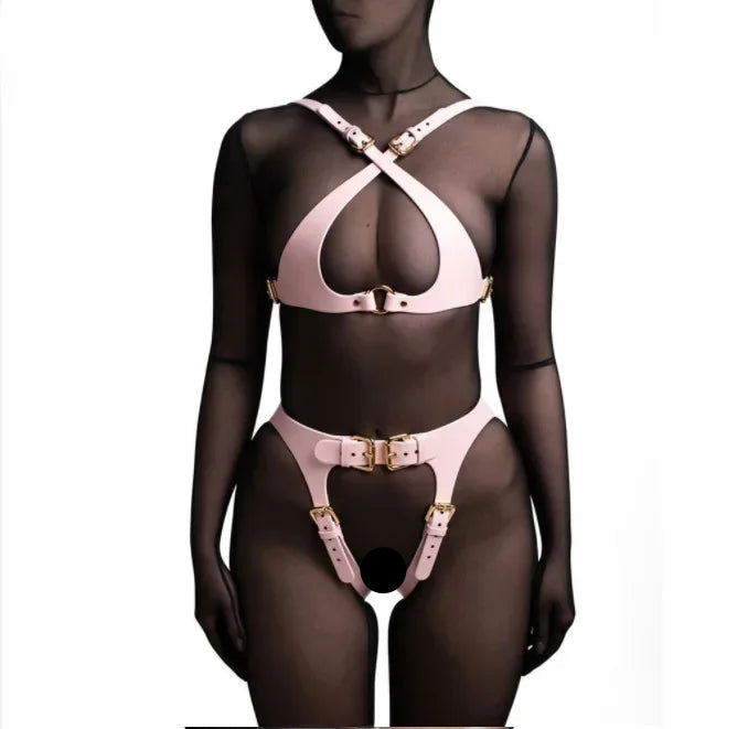Ensemble lingerie cuir minimaliste sexy à boucles La tension